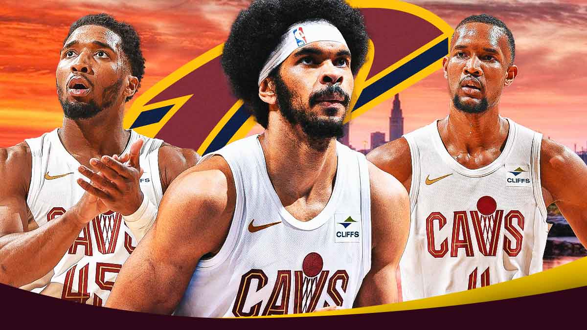 Cavs superstar Donovan Mitchell and Cavs forward Evan Mobley with Cavs center Jarrett Allen in the middle with the Cavs logo and the Cleveland city skyline in the background in NBA power rankings