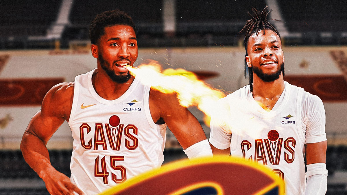 Photo: Donovan Mitchell breathing fire, Darius Garland smiling beside him, both in Cavs jerseys