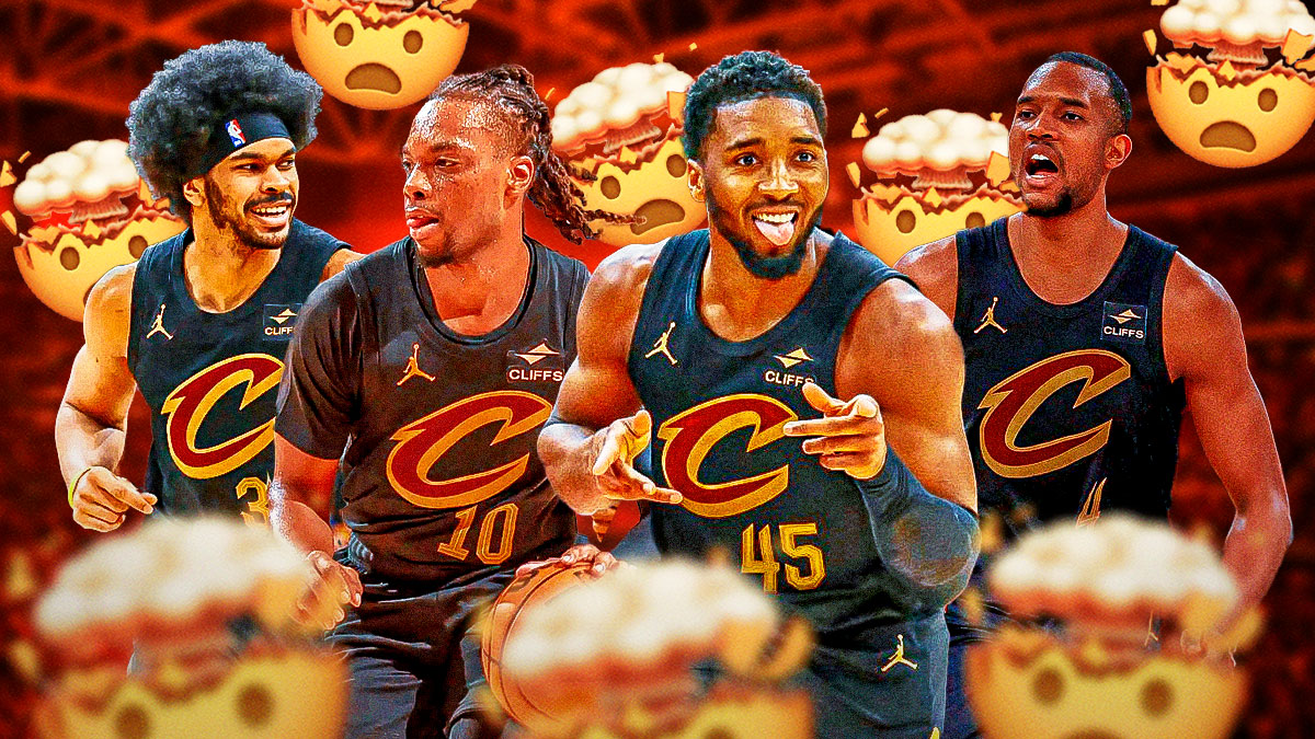 Photo: Donovan Mitchell, Darius Garland, Evan Mobley, Jarrett Allen all in action in Cavs jerseys, brain exploding emojis around them