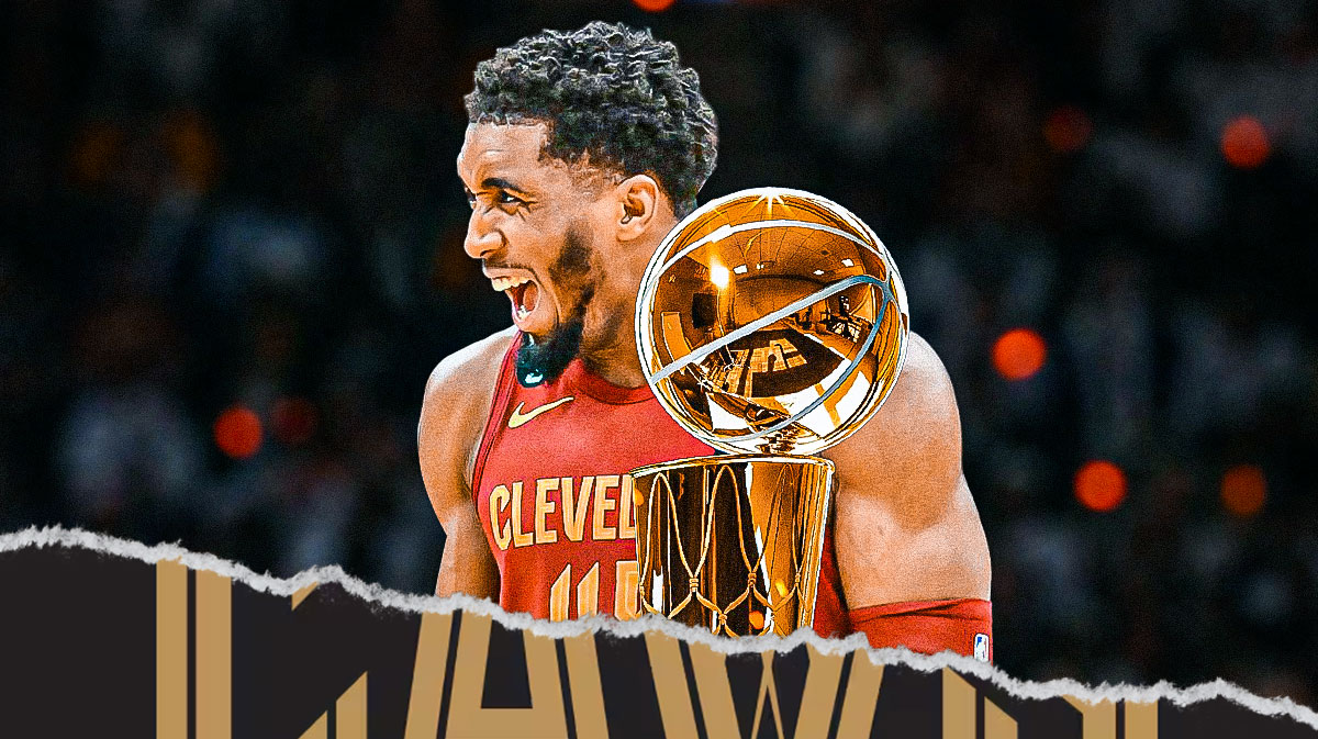 Cavs star Donovan Mitchell next to the Larry O'Brien trophy & the Cavs logo with the Rocket Mortgage Fieldhouse in the background