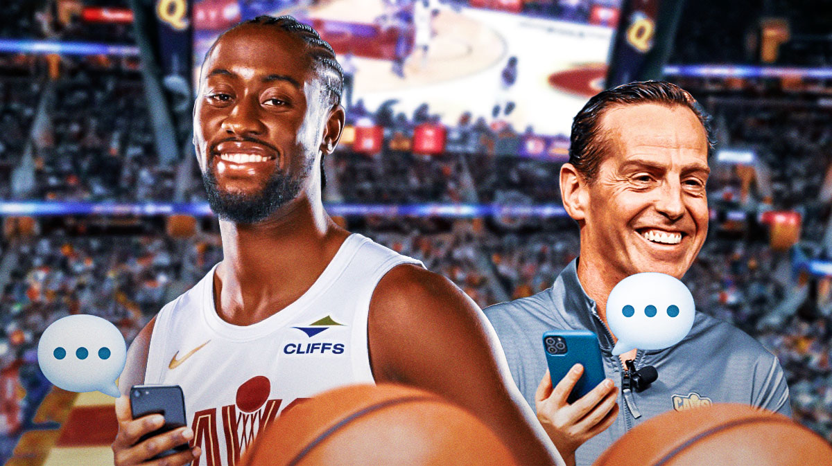 Cavs' Caris LeVert and Kenny Atkinson smiling while holding their phones, with the texting symbol over them