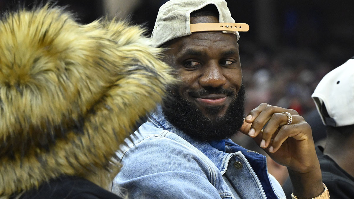 Lakers forward LeBron James looks at his wife Savannah James in the second quarter of game four of the second round for the 2024 NBA playoffs between the Cleveland Cavaliers and the Boston Celtics at Rocket Mortgage FieldHouse