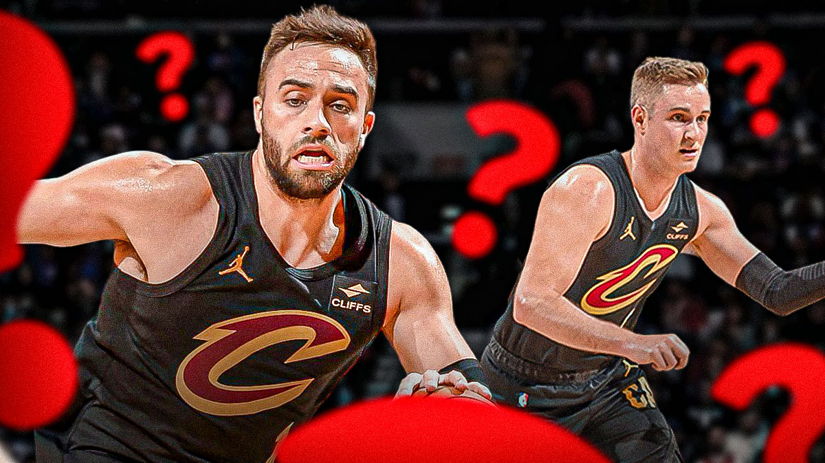 Cavs' Max Strus and Sam Merrill looking worried, with question marks all over