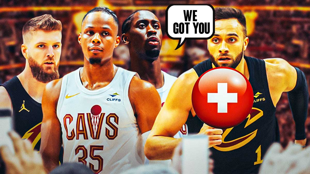 Cavs' Max Strus looking worried, with red medical cross on top of him, while Dean Wade, Isaac Okoro, and Caris LeVert are beside him with a combined speech bubble, saying: "WE GOT YOU"