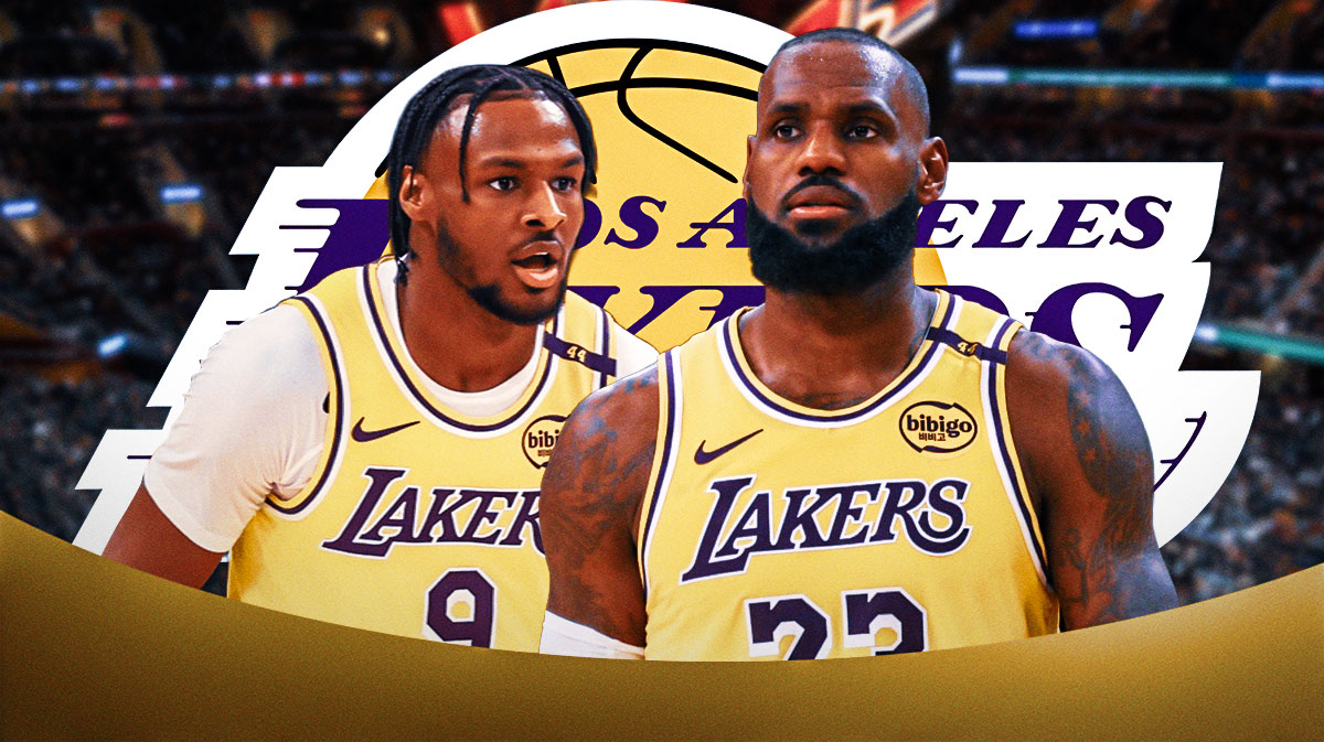 Lakers rookie Bronny James next to Lakers superstar LeBron James & the Lakers logo with the Cavs' Quicken Loans Arena in the background