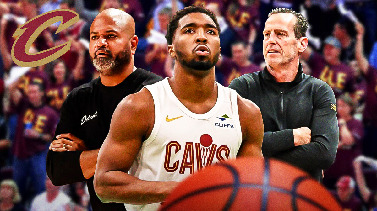 Cavs' All-Star Donovan Mitchell in between former Cavs head coach JB Bickerstaff & Cavs head coach Kenny Atkinson with the Cavs logo in the background