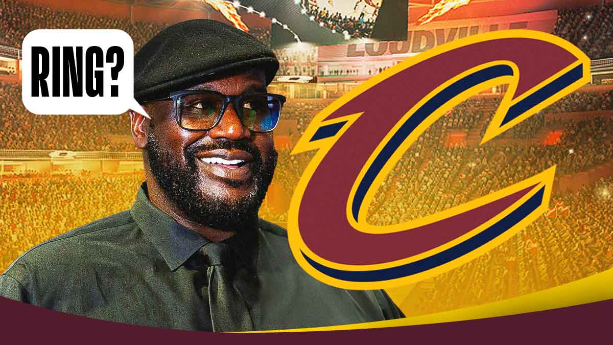 Shaquille O'Neal saying "Ring?" to the Cleveland Cavaliers logo