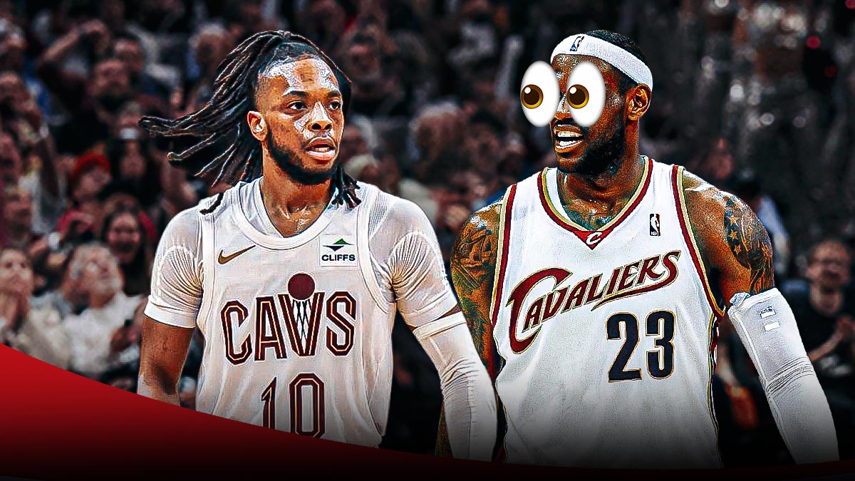 Photo: Darius Garland in action in Cavs jersey, LeBron James in Cavs jersey with peeping eyes looking at him