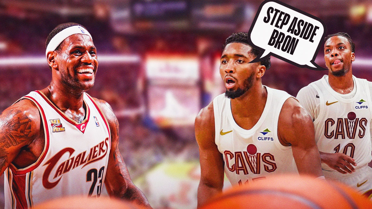 Cavs' Donovan Mitchell and Darius Garland hyped up, with speech bubble on them: "STEP ASIDE BRON", with LeBron James in Cavs uni (2009 version) smiling at them