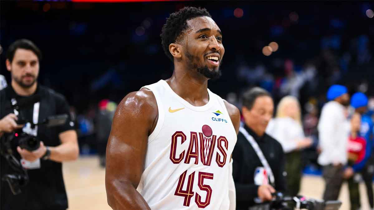 Cleveland Cavaliers guard Donovan Mitchell (45) reacts after the game against the Philadelphia 76ers at Wells Fargo Center. The Cavaliers put their 15-0 record at stake against the Celtics on Tuesday.