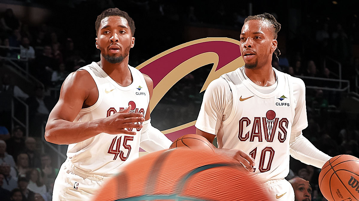 Cavs All-Star Donovan Mitchell next to Cavs guard Darius Garland and the Cavs logo with the Cleveland skyline in the background