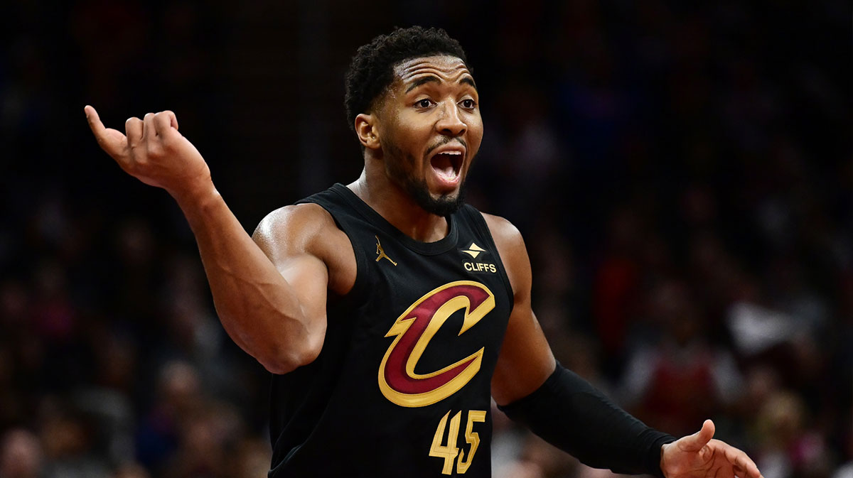 Cleveland Cavaliers guard Donovan Mitchell (45) reacts during the second half against the Chicago Bulls at Rocket Mortgage FieldHouse.