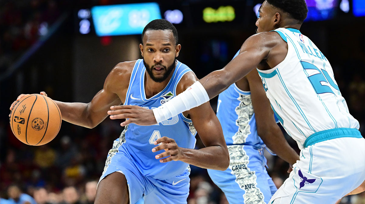 Nov 17, 2024; Cleveland, Ohio, USA; Cleveland Cavaliers forward Evan Mobley (4) drives to the basket against Charlotte Hornets forward Brandon Miller (24) during the second half at Rocket Mortgage FieldHouse. Mandatory Credit: Ken Blaze-Imagn Images