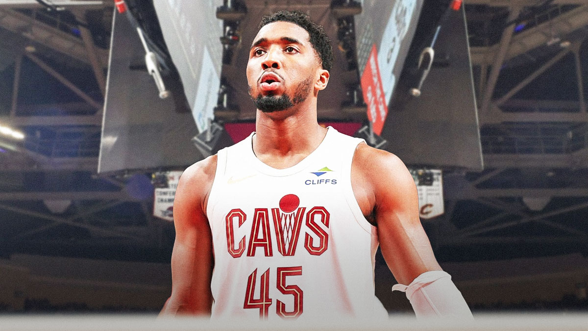 Cleveland Cavs player Donovan Mitchell with the Cavs arena in the background, 360 Bulls