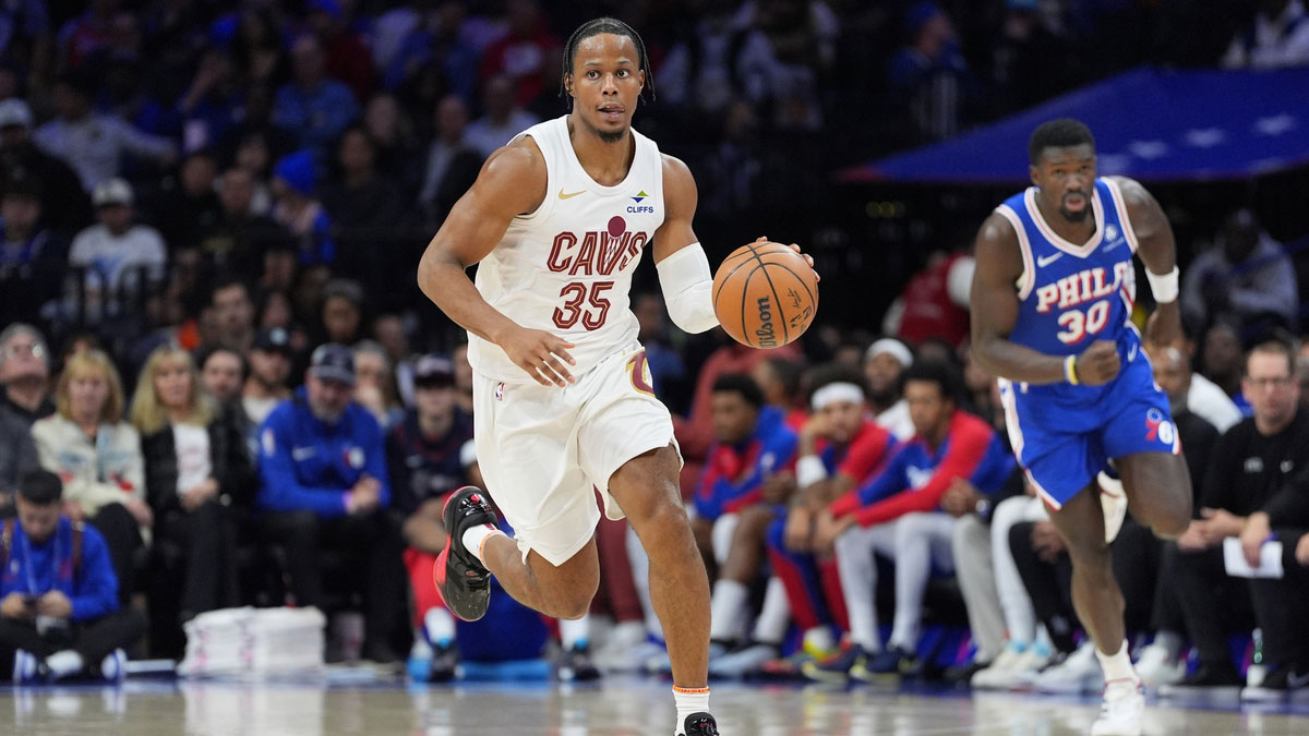 Cleveland Cavaliers forward Isaac Okoro (35) controls the ball against the Philadelphia 76ers in the third quarter at Wells Fargo Center. 