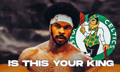 Jarrett Allen as Killmonger in the Is This Your King meme from Black Panther, with Celtics logo beside him