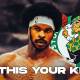 Jarrett Allen as Killmonger in the Is This Your King meme from Black Panther, with Celtics logo beside him