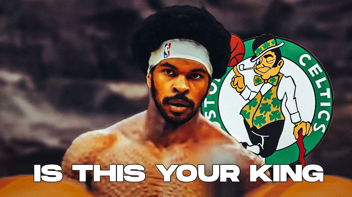 Jarrett Allen as Killmonger in the Is This Your King meme from Black Panther, with Celtics logo beside him