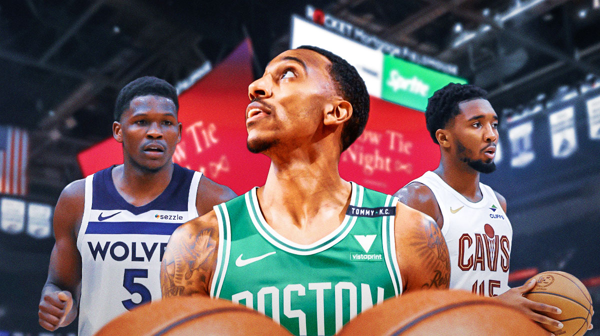 Jeff Teague between Cavs superstar Donovan Mitchell and Timberwolves All-Star Anthony Edwards