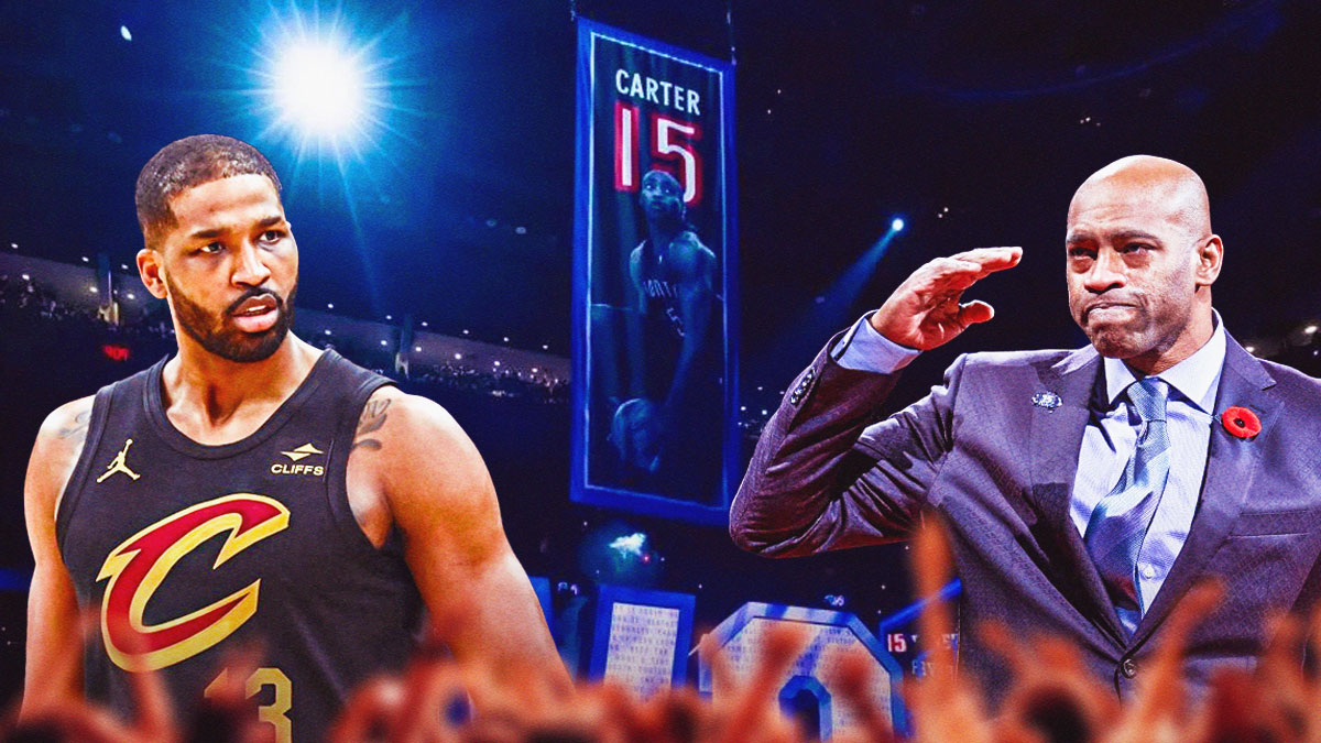 Tristan Thompson beside Vince Carter, screenshot of his banner going up the Raptors rafters.