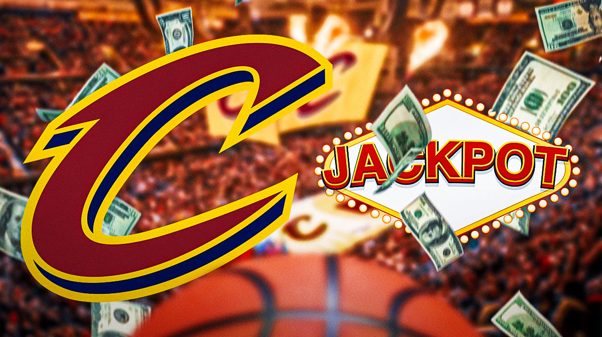 Cleveland Cavaliers logo with a jackpot symbol in the photo and money emojis floating around.