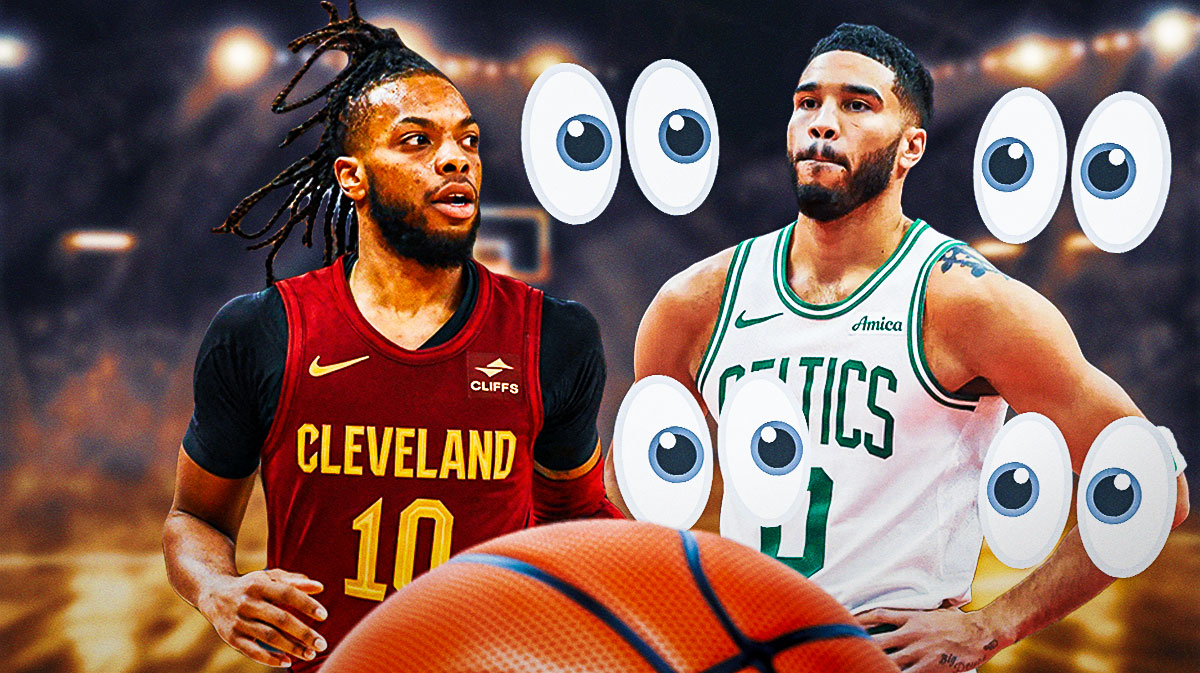 Photo: Darius Garland in action in Cavs jersey, Jayson Tatum in Celtics jersey with peeping eyes looking at him