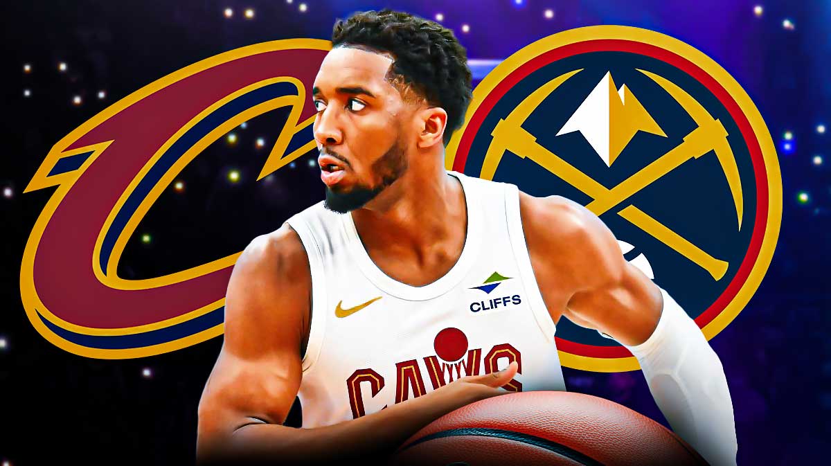 Cavs All-Star guard Donovan Mitchell with the Cavs and Nuggets logos next to him