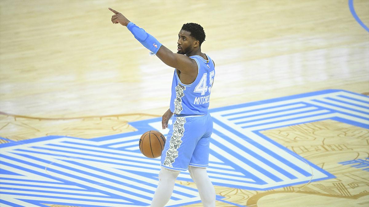 Cleveland Cavaliers guard Donovan Mitchell (45) reacts in the third quarter against the Denver Nuggets at Rocket Mortgage FieldHouse. 