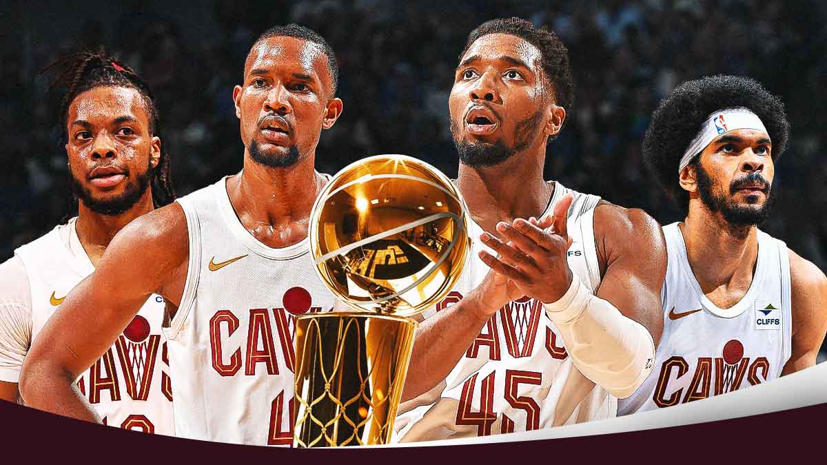 Cavs' Darius Garland, Donovan Mitchell, Evan Mobley, and Jarrett Allen all holding the 2025 NBA championship trophy