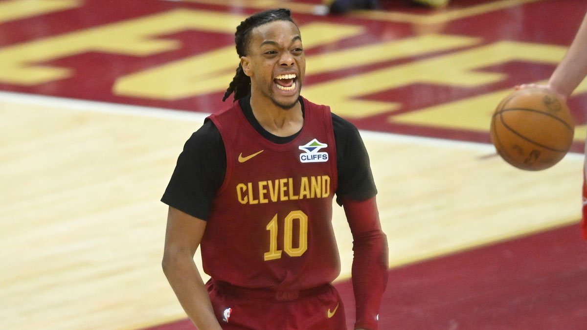 Cavaliers guard Darius Garland (10) celebrates in the fourth quarter against the Houston Rockets at Rocket Mortgage FieldHouse