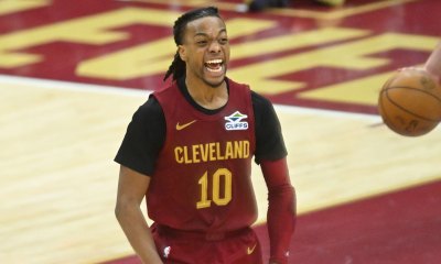 Cavaliers guard Darius Garland (10) celebrates in the fourth quarter against the Houston Rockets at Rocket Mortgage FieldHouse
