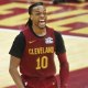 Cavaliers guard Darius Garland (10) celebrates in the fourth quarter against the Houston Rockets at Rocket Mortgage FieldHouse