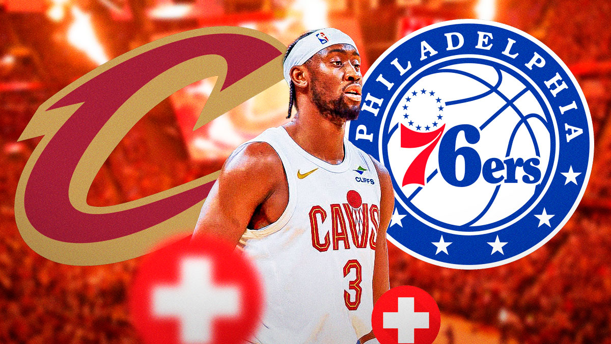 Cavs forward Caris LeVert next to the Cavs and 76ers logos with the health symbol in the background