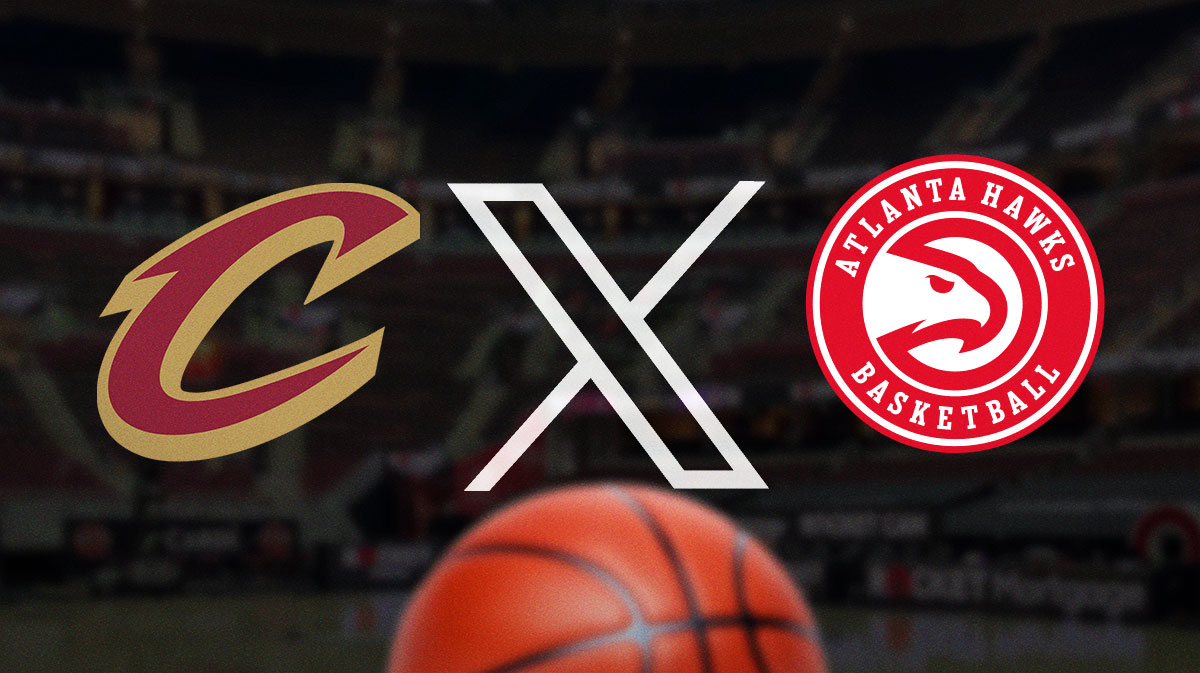 Cavs logo next to Hawks logo with the X, formerly known as Twitter logo in the background