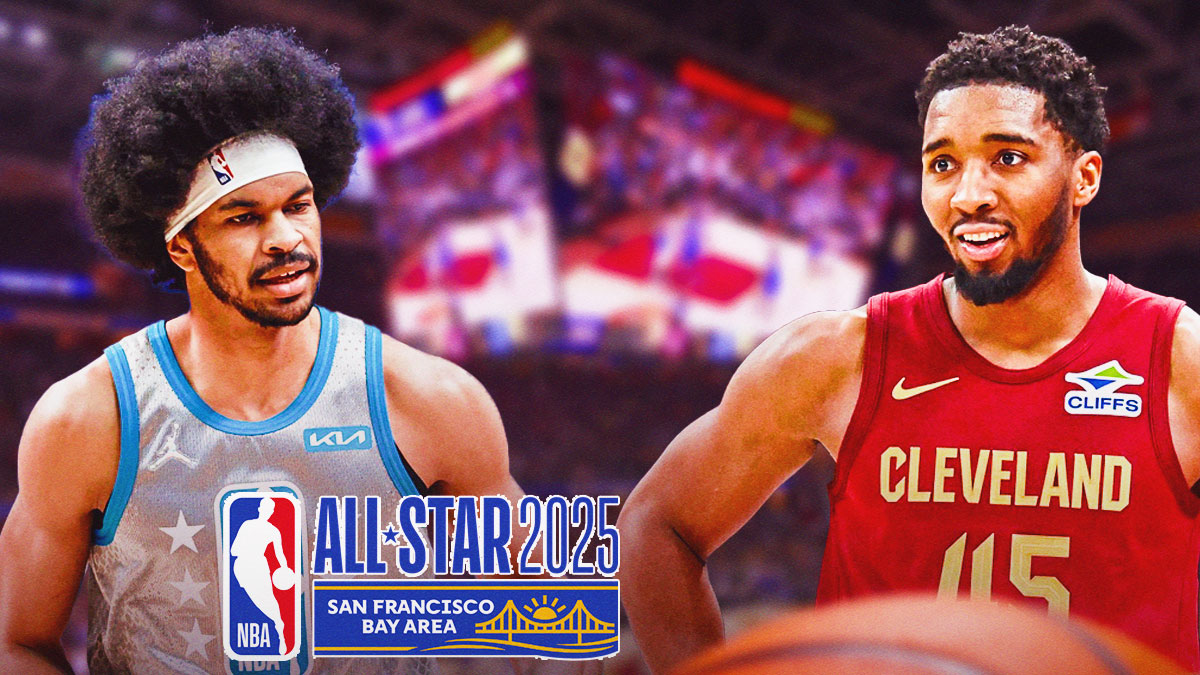 Cavs' Donovan Mitchell smiling beside Jarrett Allen in All-Star Game uniform, with 2025 All-Star Game logo beside Allen