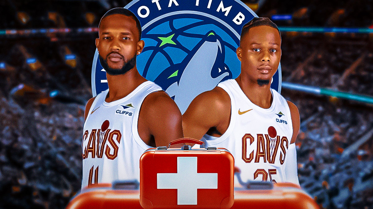 Cavs forward Evan Mobley next to Cavs forward Isaac Okoro next to the Timberwolves' logo and the health symbol in the background