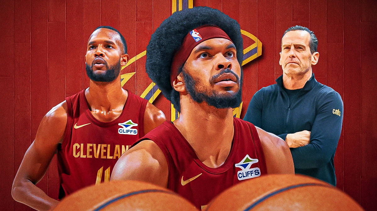 Cavs center Jarrett Allen next to Cavs forward Evan Mobley with head coach Kenny Atkinson and the Cavs logo in the background