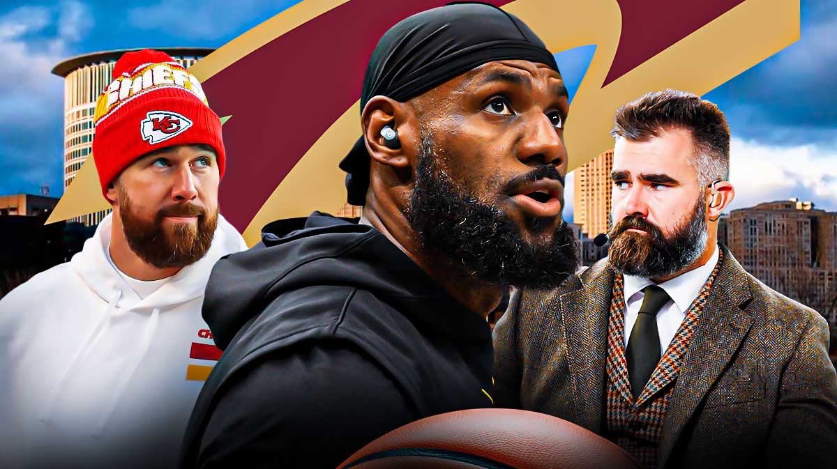 Lakers superstar LeBron James in between Travis and Jason Kelce in street clothes with the Cavs logo and Cleveland skyline in the background