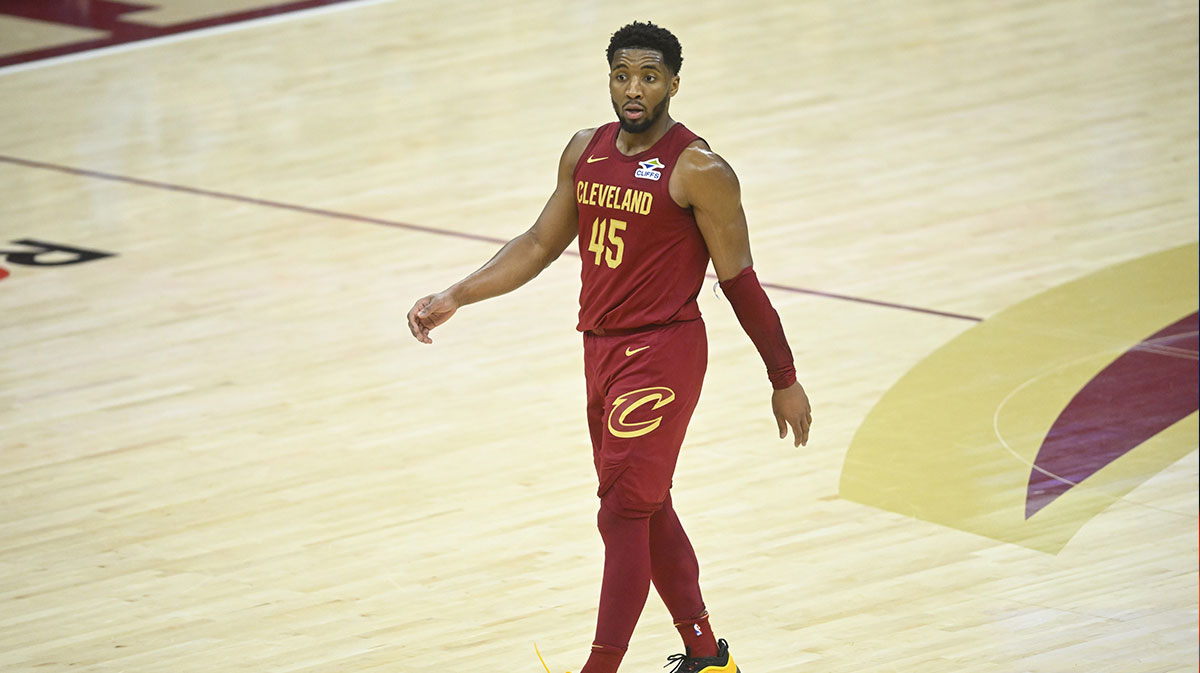  Cleveland Cavaliers guard Donovan Mitchell (45) walks on the court in the fourth quarter against the Houston Rockets at Rocket Mortgage FieldHouse