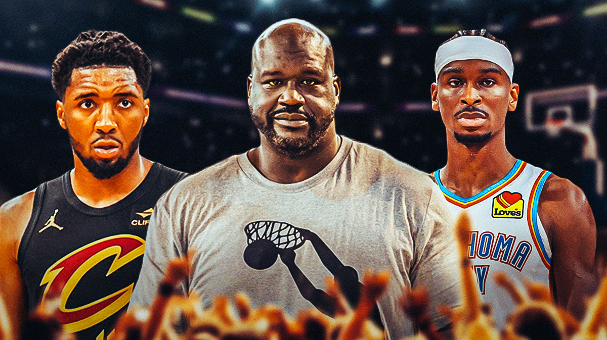 Shaquille O'Neal in the middle, with Donovan Mitchell and Shai-Gilgeous Alexander on both sides of him.