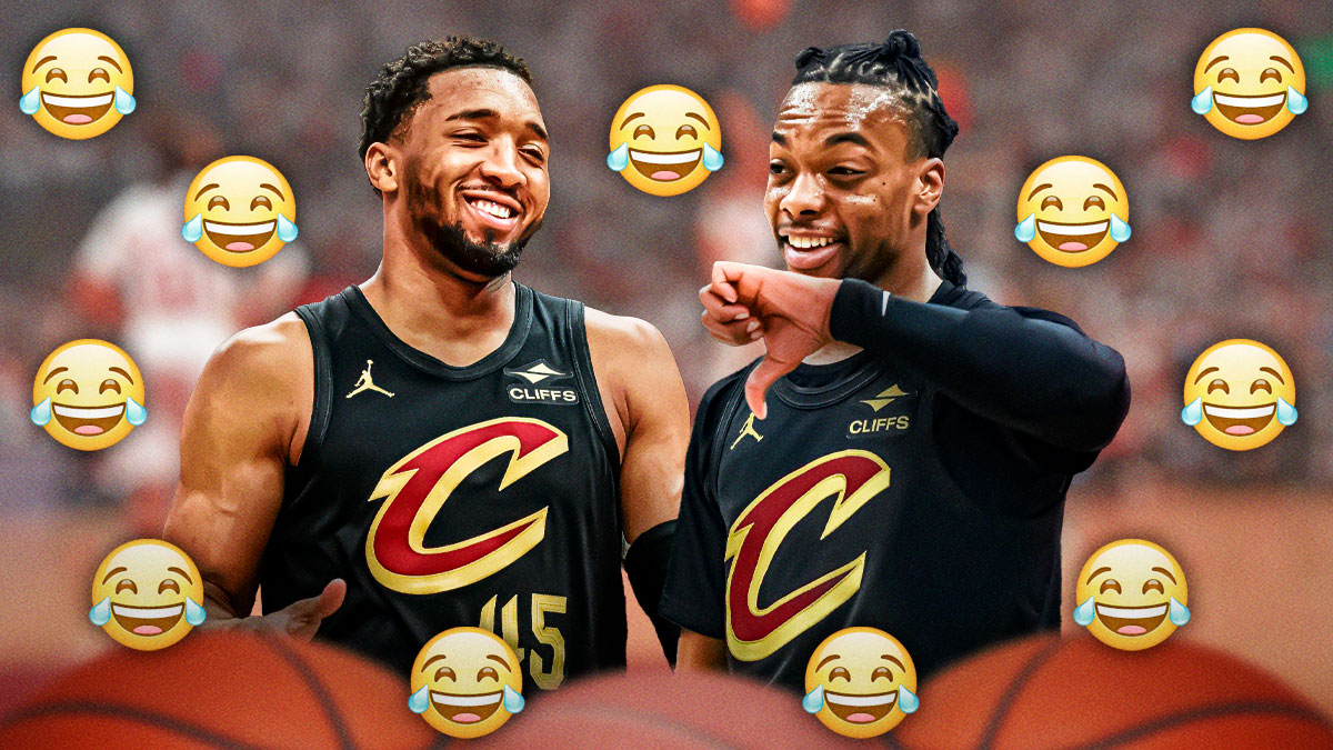 Donovan Mitchell and Darius Garland with laughing emojis around the picture.