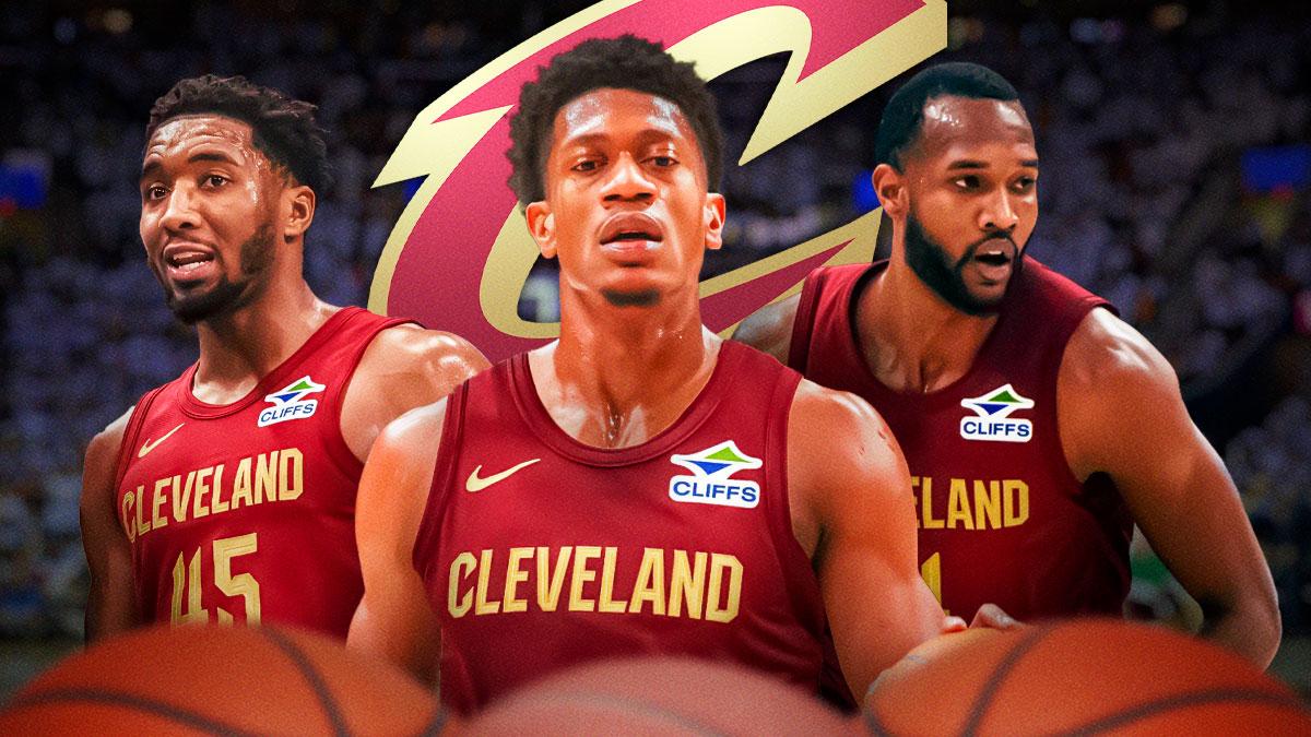 Cavs forward De'Andre Hunter in between Cavs All-Star Donovan Mitchell and Cavs forward Evan Mobley with the Cavs logo in the background