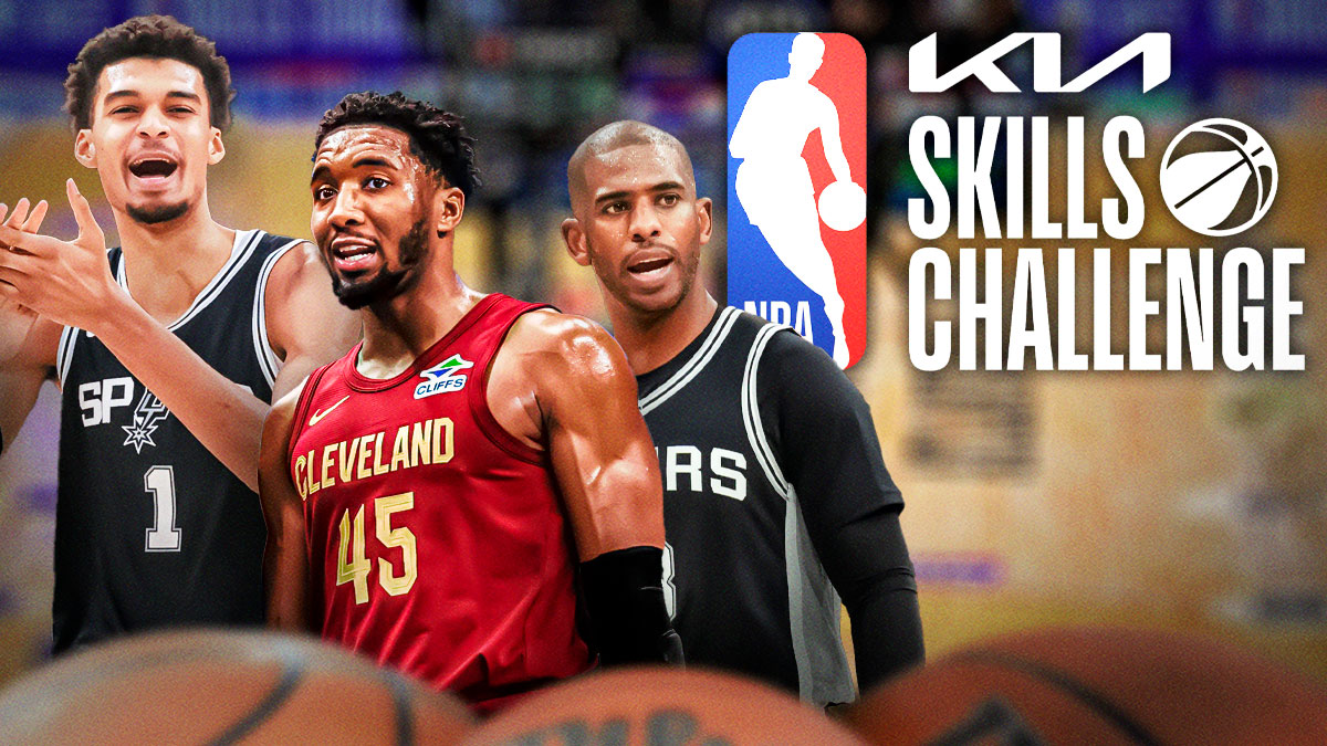 Cavs All-Star Donovan Mitchell in between Spurs' Victor Wembanyama and Spurs guard Chris Paul with the 2025 Skill Challenge logo in the background