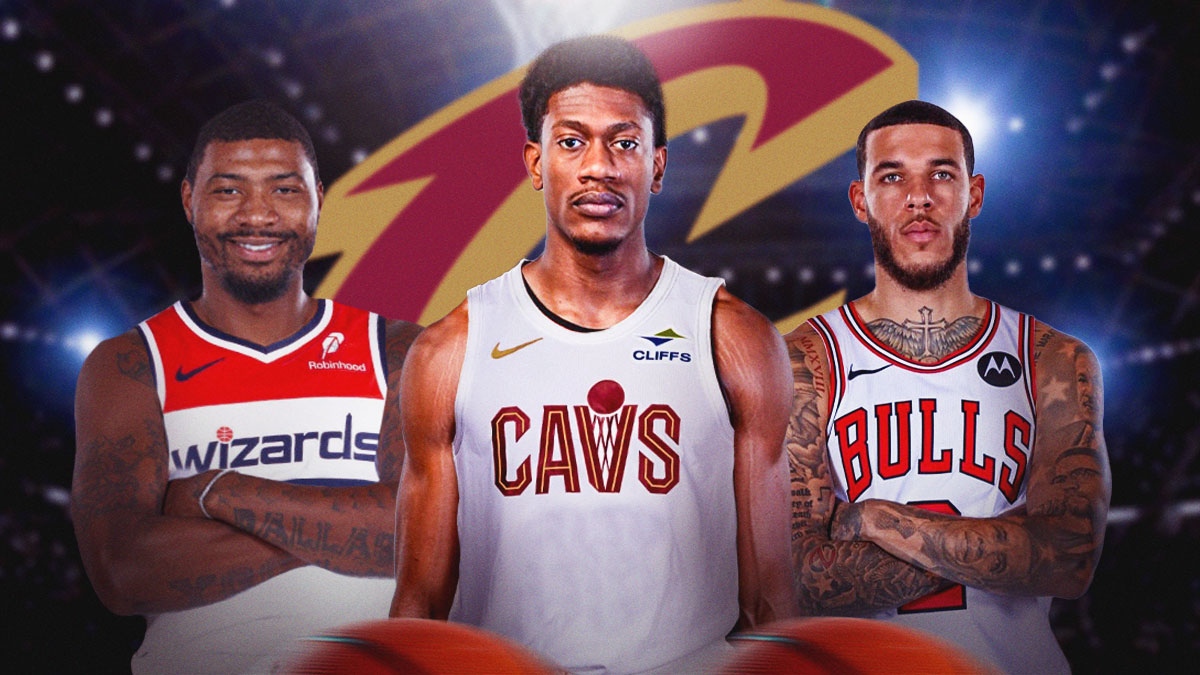 Cavs' De'Andre Hunter in between Wizards guard Marcus Smart and Bulls guard Lonzo Ball with the Cavs logo in the background