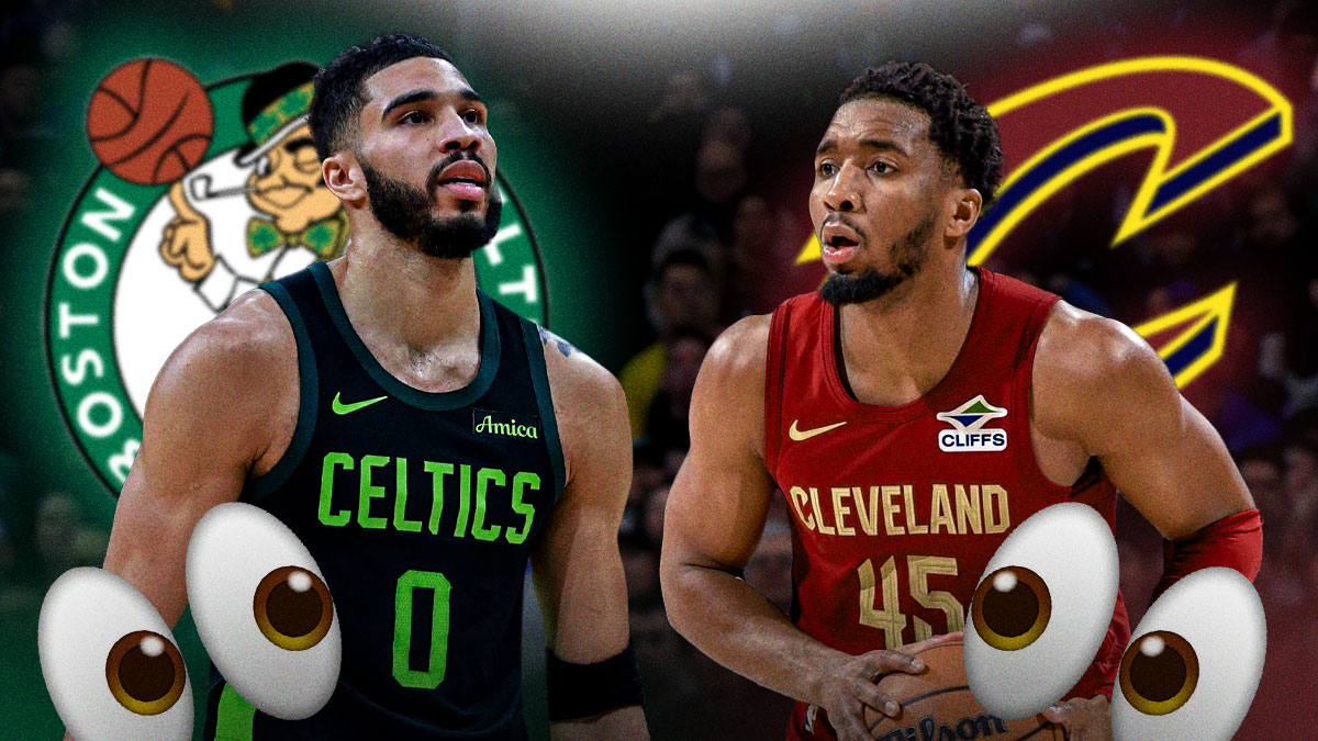 Donovan Mitchell and Jayson Tatum, Cavaliers and Celtics logos, eyes symbols