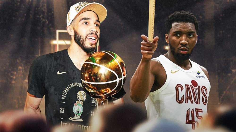 Cavs' Donovan Mitchell holding a measuring stick while looking at Celtics' Jayson Tatum holding the 2024 NBA championship