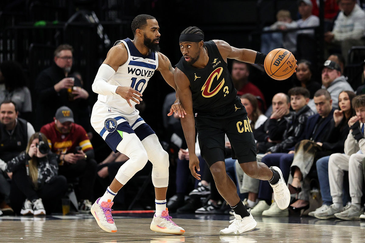 Cavaliers guard Caris LeVert (3) works around Minnesota Timberwolves guard Mike Conley (10) during the second quarter at Target Center