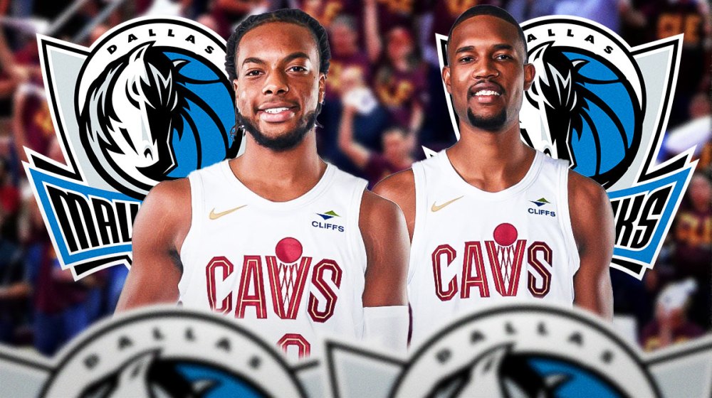 Darius Garland and Evan Mobley next to a Mavs logo