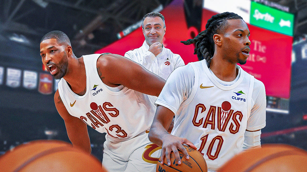 Cavs guard Darius Garland next to Cavs center Tristan Thompson with Raptors head coach Darko Rajakovic in the background