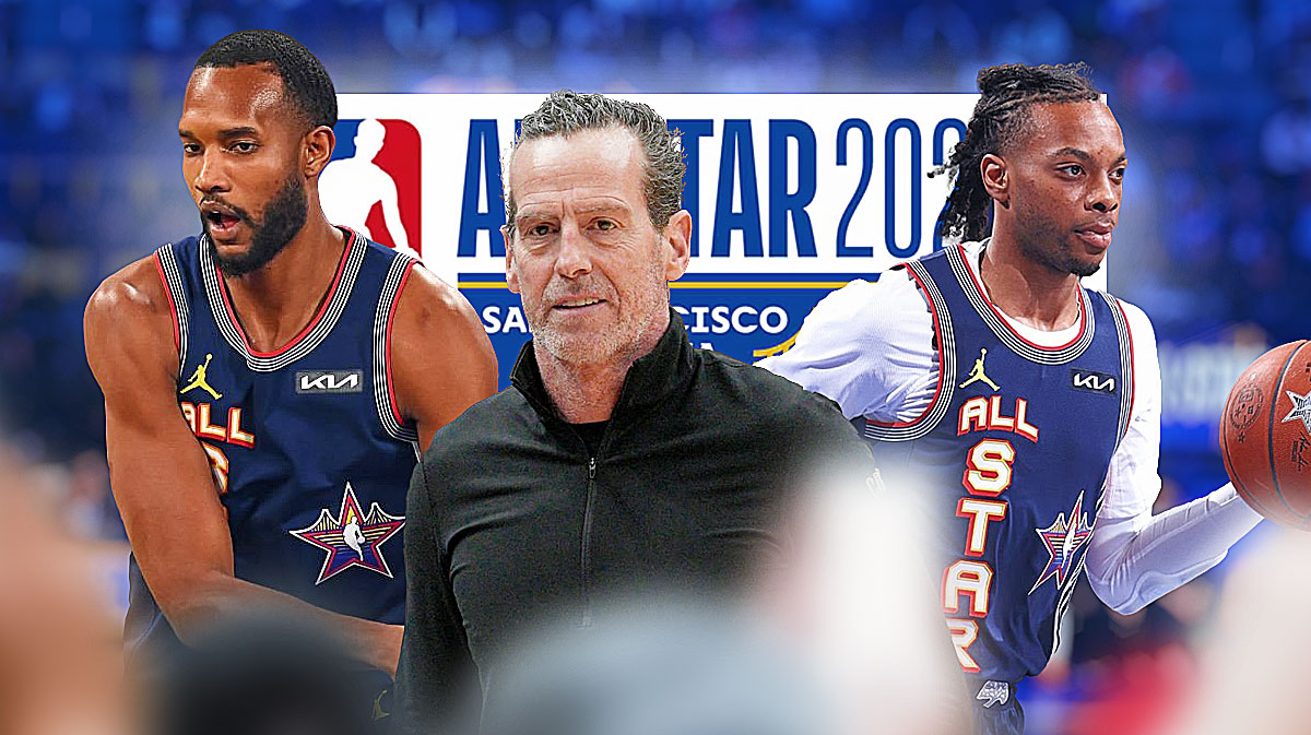 Cavs' head coach Kenny Atkinson next to Cavs All-Star Evan Mobley and Cavs All-Star Darius Garland with the 2025 NBA All-Star Game logo in the background